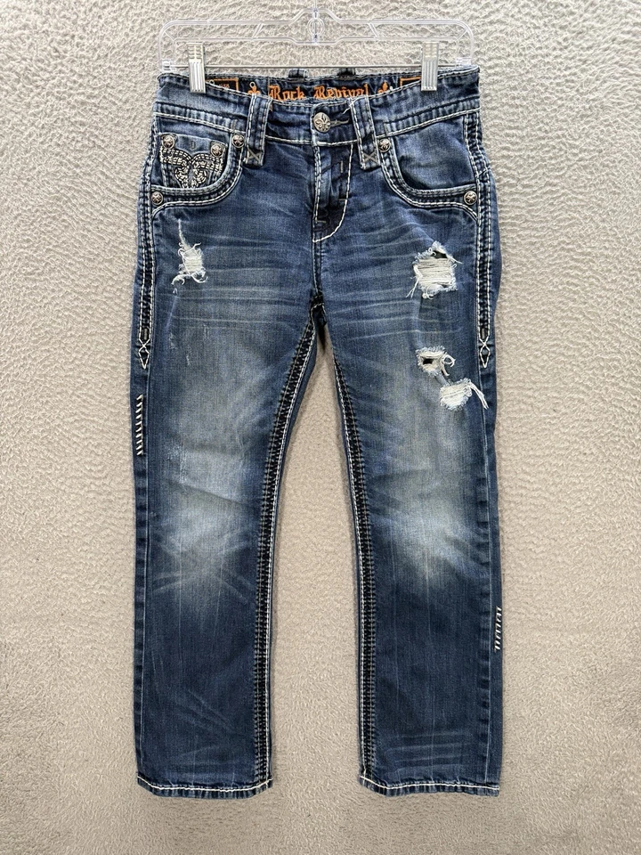 Pantalones de mezclilla Rock Revival para hombre 28x28 azul Rhays bota desgastados punto grueso Rockabilly Foto 2 de 4