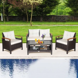 4PCS Patio Conversation Set Rattan Sofa Furniture Set w/ Off White Cushions