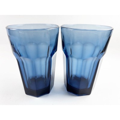 Libbey Gibraltar Dusky Blue Tumbler Duratuff 5  Tall 8 Panel Glass Set of 2 Vtg