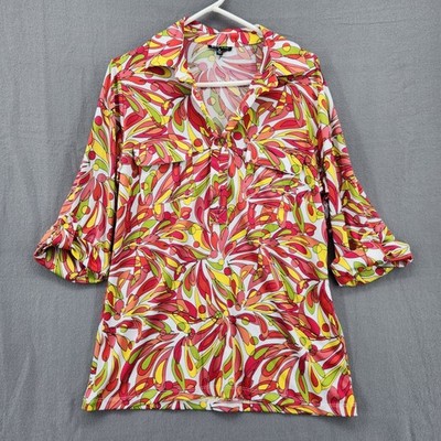 E39 By Eric Women Psychedelic Floral Tunic Top Multicolor 3/4 Roll Sleeve Medium