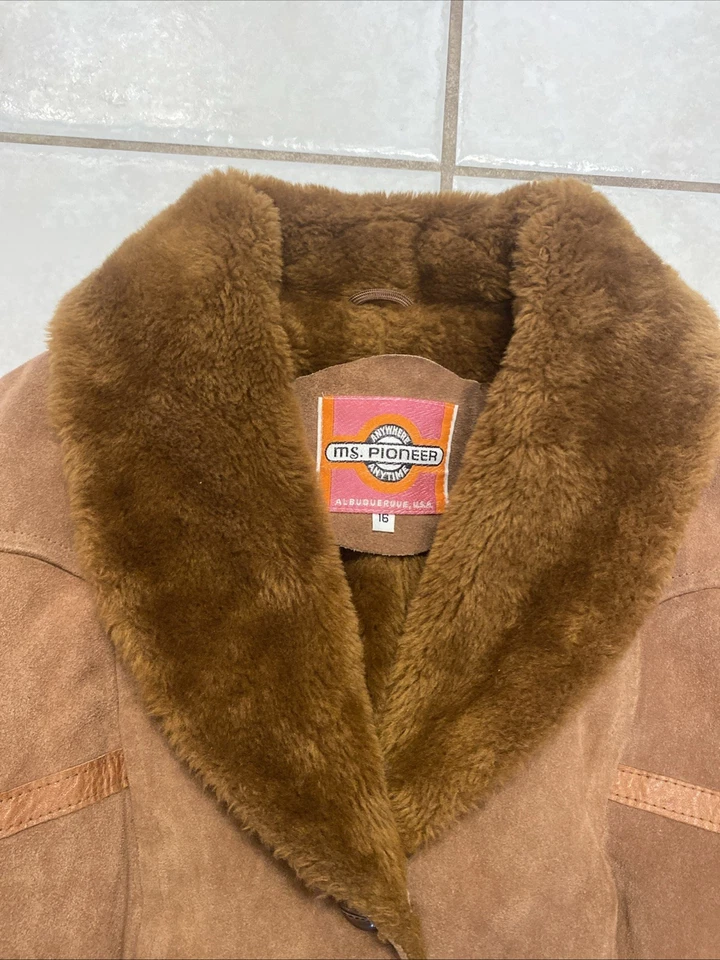 Abrigo Chaqueta de Cuero Ms Pioneer Años 70 Cuello de Piel Sintética Boho Hippie Western L/XL Foto 3 de 4