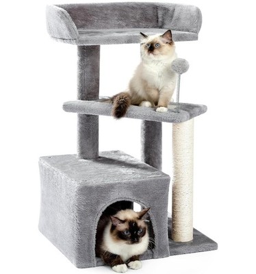 Made4Pets Cat Tree, Carpet Cat Tower Grey for Indoors Cats, Cute Wood Kitty C...