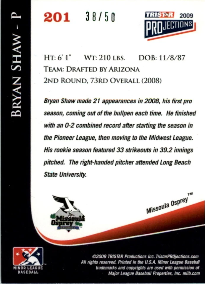 2009 TRISTAR PROjections Green #201 Bryan Shaw /50 - BB - Image 2 of 2