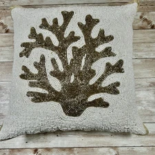 Coastal Collection Beaded Coral Pillow 14" Square, White, Gold, Decorative