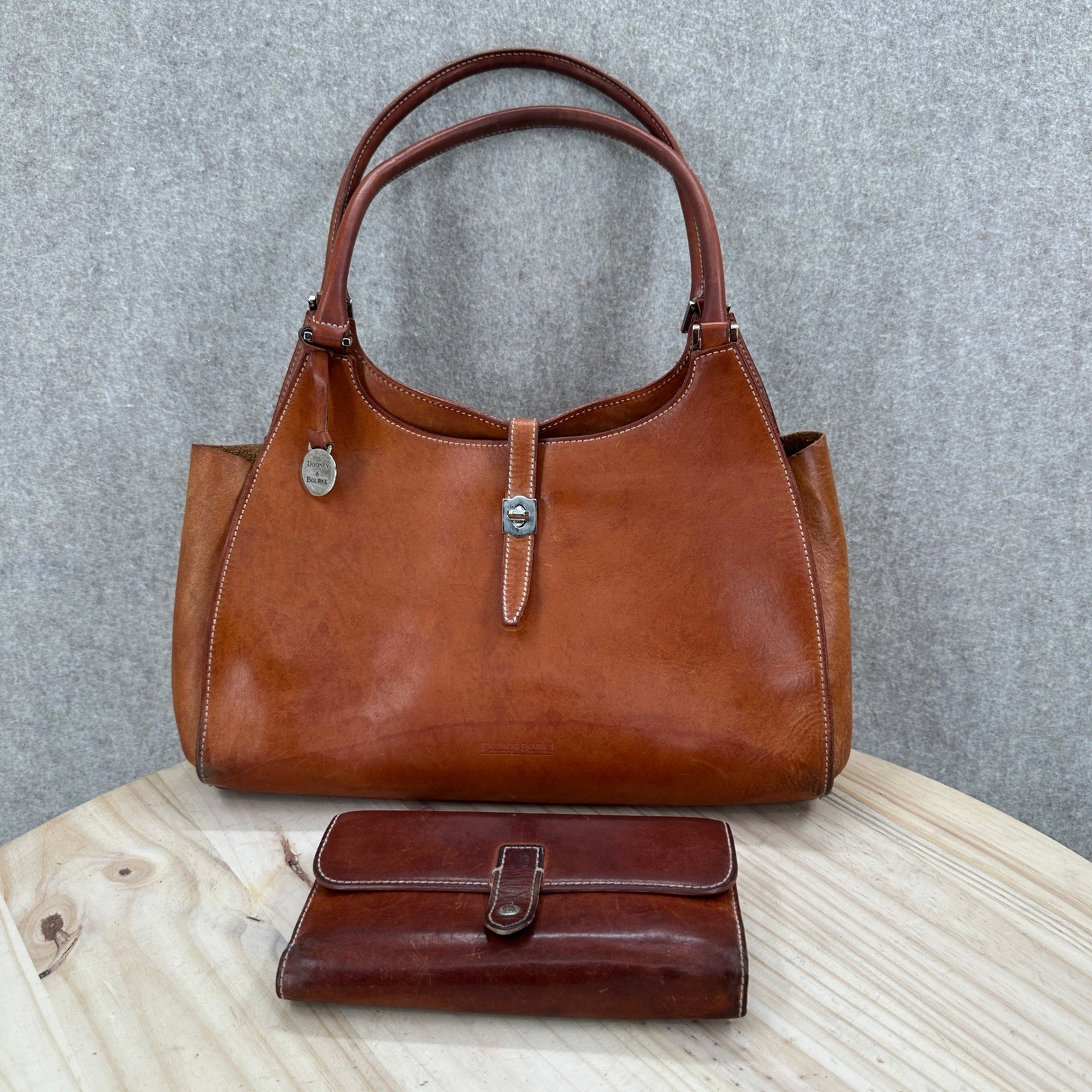 VTG Dooney & Bourke Brown Leather Crescent Shoulder Bag Trifold Wallet Set