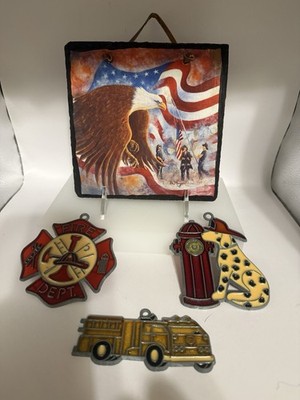 Memorial Plaque Firemen Raising American Flag on 911 + 3 Firemen Suncatchers  VG