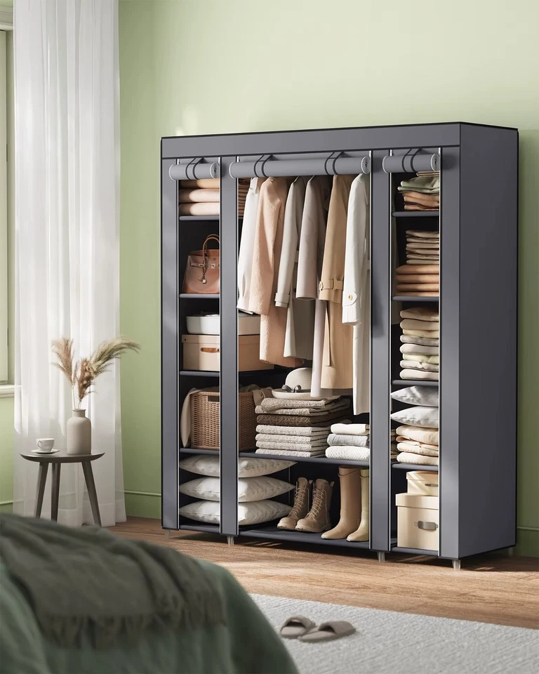 Stoffkleiderschrank mit Kleiderstange & 12 Ablagen | 150×45×175 cm