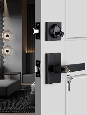 Black Door Handle with Deadbolt, Square Contemporary Matte Black Exterior Doo...