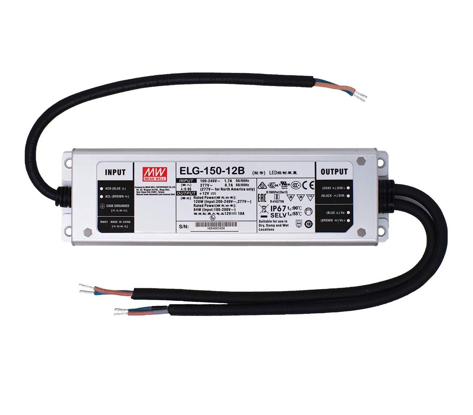 Alimentation LED Mean Well ELG-150-12B pilote 12V 10A étanche IP67