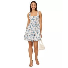 Adrianna Papell Floral Balloon-Hem Dress Womens 16 Blue White Cotton Coquette