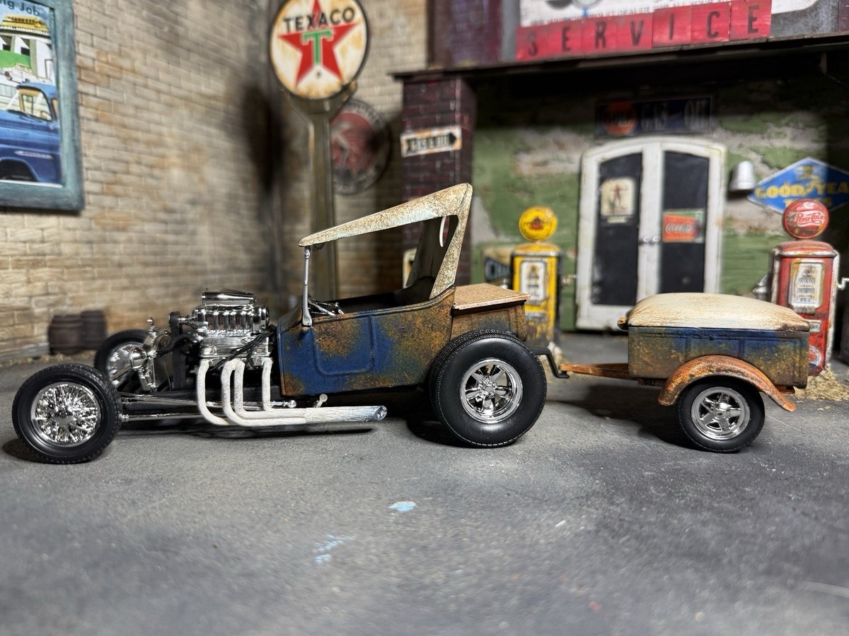 Rat Rod FORD T-BUCKET WITH TRAILER 1/25 DIECAST Rusty Weathered
