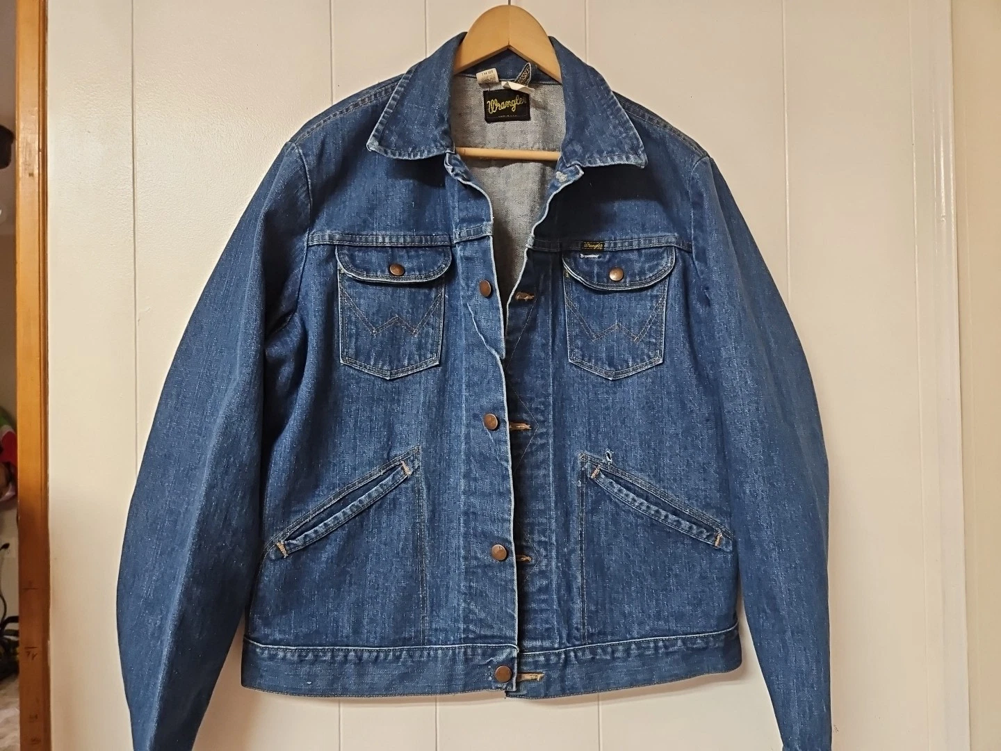 wrangler vtg sanforized denim trucker medium wash flaws jacket