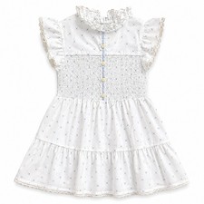 Vintage 70s Sears Girls Dress Size 8 White Blue Floral Smocked Prairie Ruffle