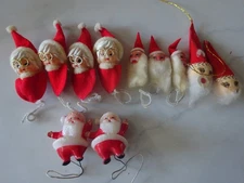 11 Vtg Plastic Face Cotton Felt Mrs Claus w Glasses-Santa Beard Chenille Tie On