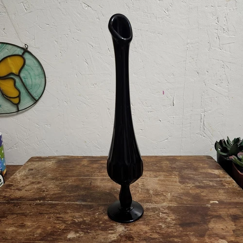 Fenton Thumbprint MCM Pedestal Black Swung Glass Vase 12" Tall