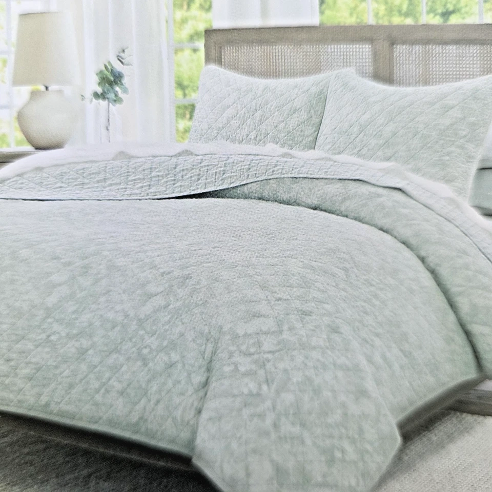 Nicole Miller Cotton Linen Vintage Washed King Quilt & Shams Seaglass AQUA Blue - Image 3 of 4