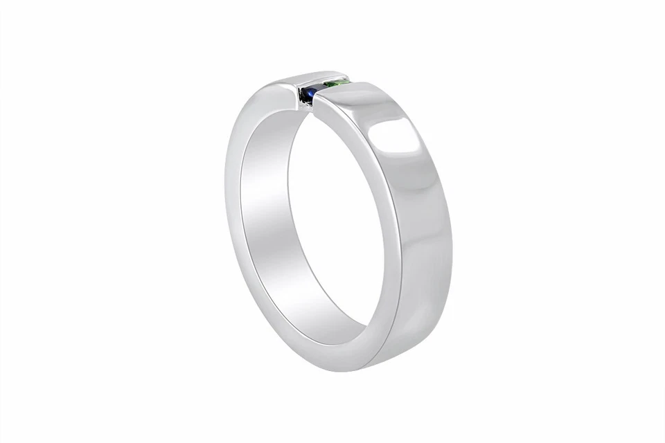 Anillo Zafiro Azul N Esmeralda Titanio Canal Conjunto Alianza de Boda 4 Él Ella Foto 4 de 4