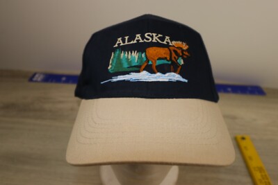 Hat Mens One Size Adjustable Alaska Moose Embroidered 100% Cotton Blue 