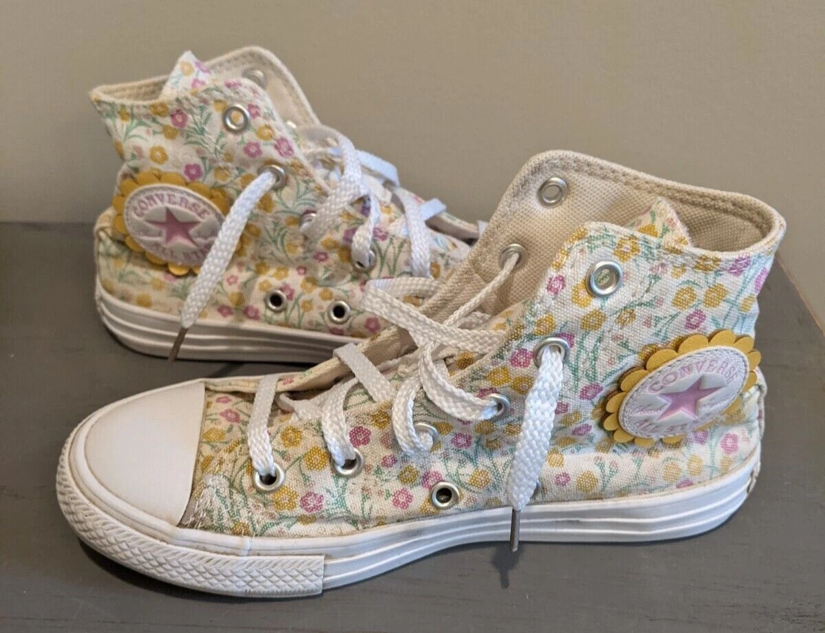 fly syreindhold Derive Converse All Star High Top Floral Print Sneakers Size 1 Junior Cream Pink  Yellow | eBay