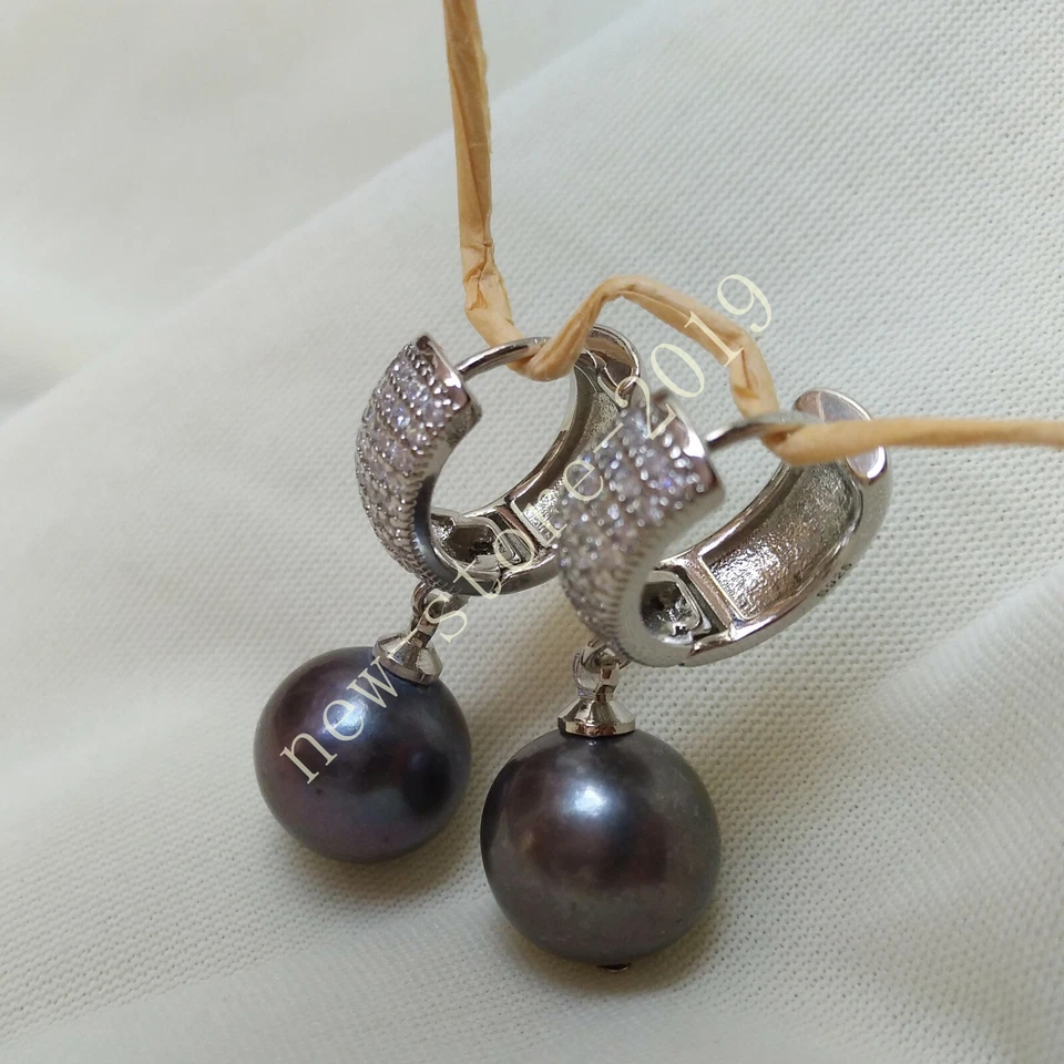 Huge Natural Tahitian Genuine 11-12mm Perfect Round Black Pearl Dangle Earring - Image 3 of 4