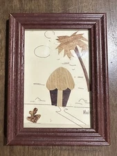 Vintage Handmade Wood Inlay Marquetry Framed Original Art Small Hut Palm Tree