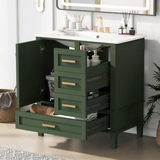 30" Solid Wood Bathroom Vanity Cabinet with Resin Sink Top, 1 Door and 3 Drawers