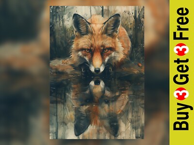 Wald Reflexion Fuchs, ruhiges Aquarell Gemälde Druck 5''x7'' mattes Papier