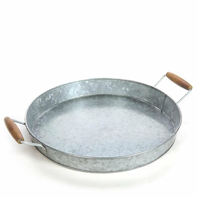Galvanized Round Tray w/Wooden Handles for Home, Office, Party, Wedding, Spa, Se