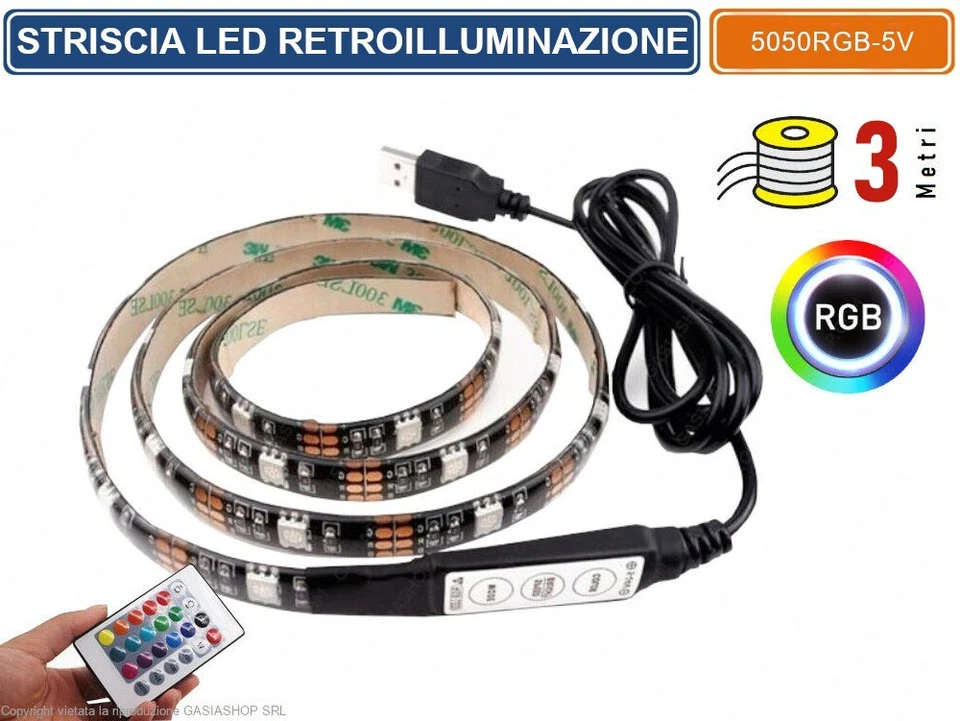 STRISCIA LED PER RETROILLUMINAZIONE TV E MONITOR RGB SMD 5050 3 METRI USB DC-5V - Immagine 2 di 2