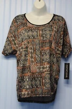 Notations gray print ltwt stretch cap slv pullover top w/side ruching L NWT