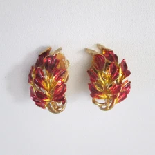 Fall Leaves Clip Earrings Red Goldtone Mid Century Vintage 60s