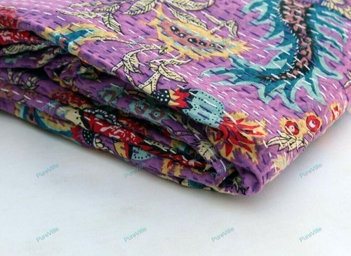 Queen Vintage Quilt Bed Runner Kantha Flower Pattern Bedspread Cotton Blanket - Picture 5 of 12