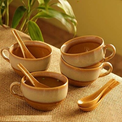 Ceramic Soup Bowl with Spoon Set 450 ml Set of Mustard Yellow