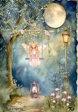 Whimsical collage fairy girl on a swing artist card full moon 2.5x3.5 ACEO