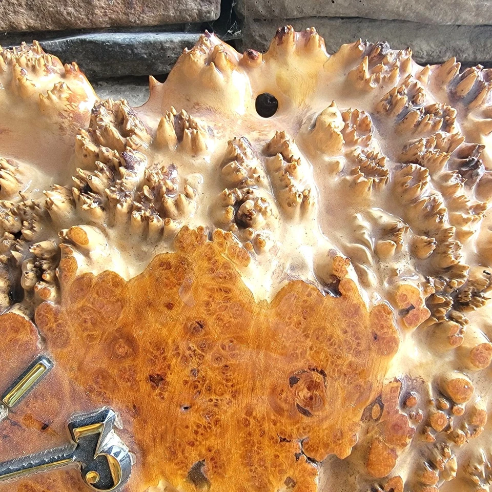 Natural Burl Wood Wall Clock With Brass Accents & Unique Grain Design - Image 3 of 4