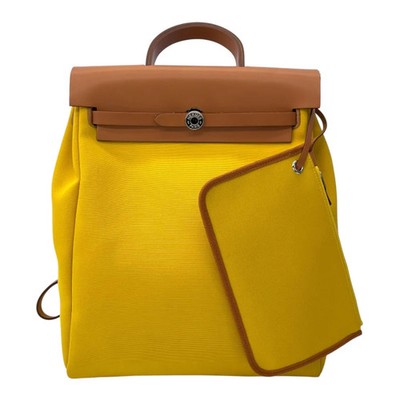 HERMES Herbag Zip Ad PM Green / Beige Toile Canvas Backpack Z Stamp #OKB2134