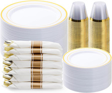 350PCS Gold Plastic Dinnerware Set, Disposable Party Plates for 50 Guests, Inclu