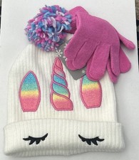 Girls Unicorn Hat Gloves Set Pom Beanie Winter Cold Weather NWT