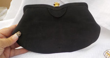 Vintage 50s 60s LA FRANCE Black Clutch Evening Handbag metal rose clasp