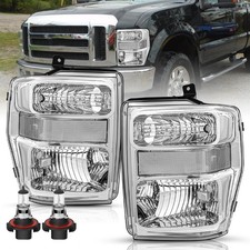 Pair Headlight w/ Bulbs 08-10 Ford F-250-550 Super Duty Chrome Clear Reflector