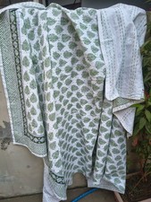 Indian Green Leaf Print Kantha Quilt,Blanket Cotton King Size Bedspread Throw
