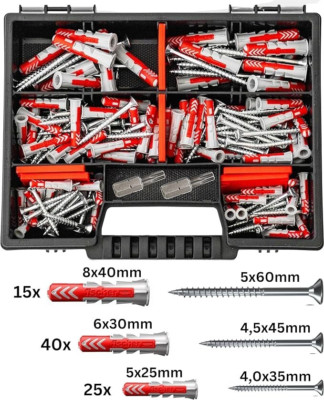 Fischer DuoPower Set Dübel + Schrauben mit Bits, 162 Teiliges  Dübelsortiment   