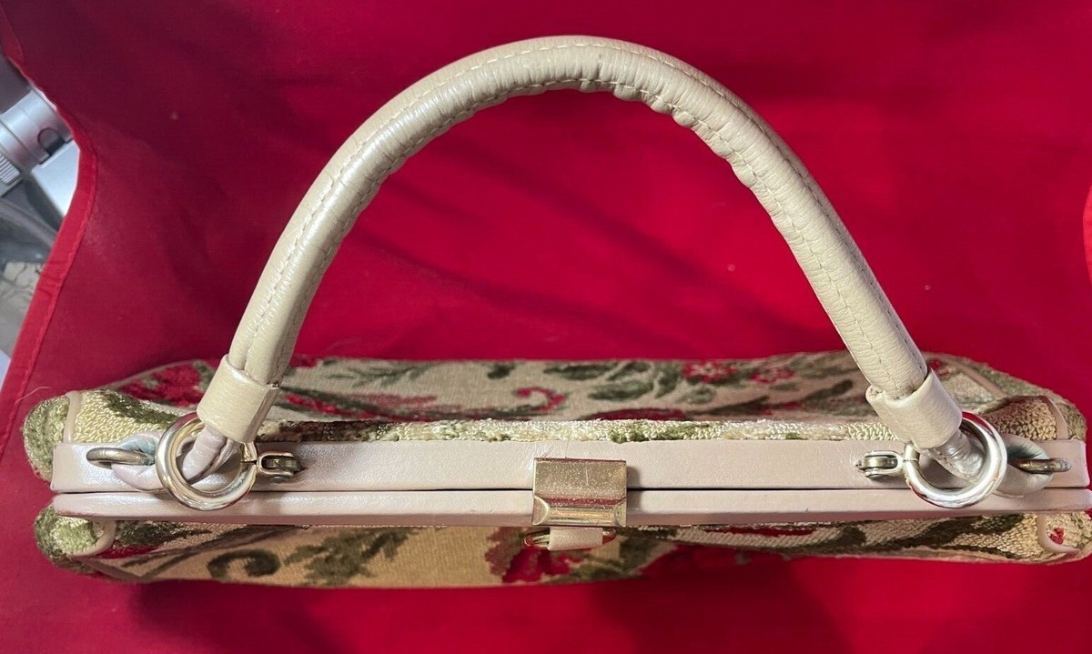 Vintage Ronay Carpet Bag Purse Tapestry Cream Red Floral Leather 