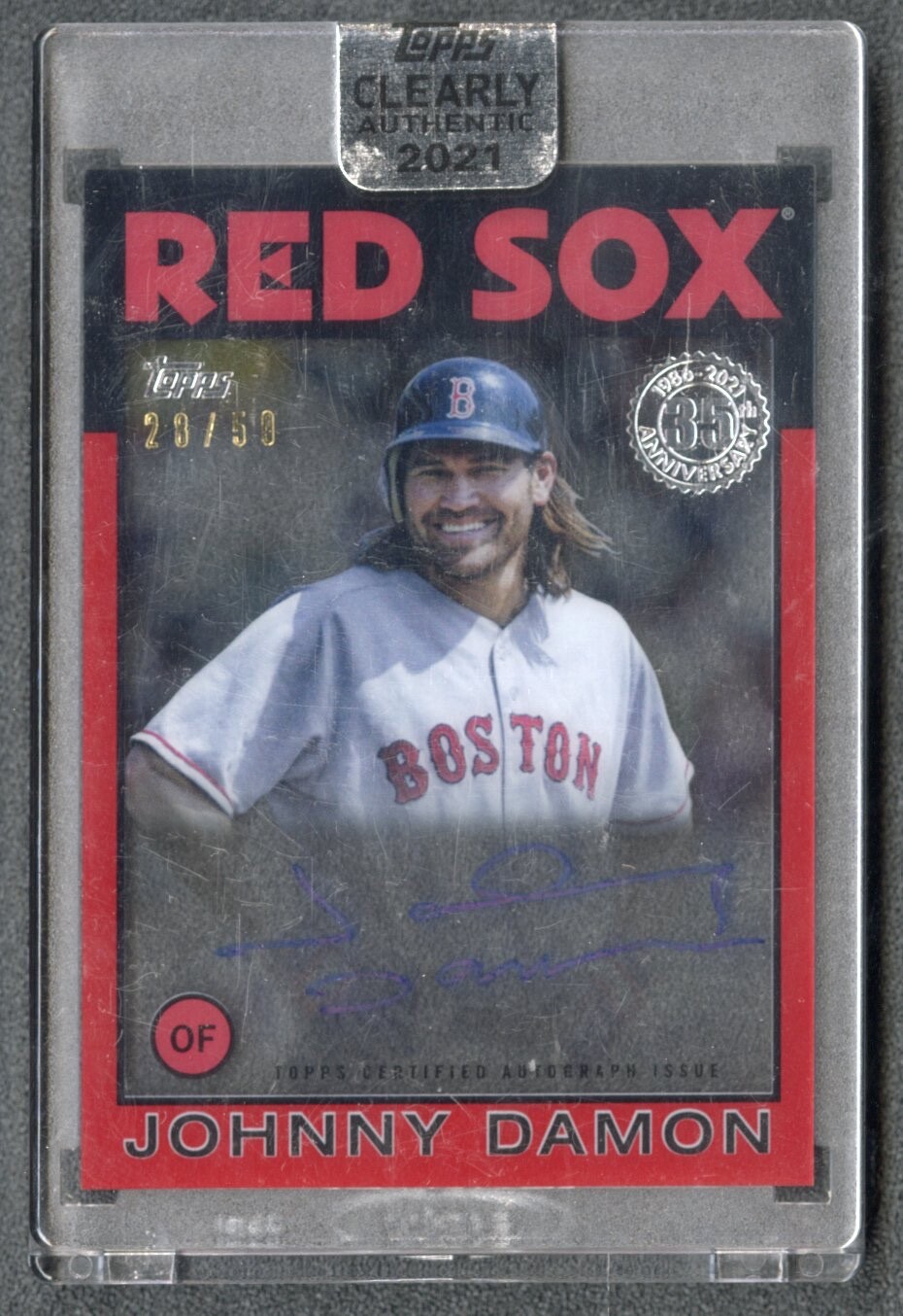 2021 Clearly Authentic Johnny Damon Auto Red /50 #86TBA-JD Encased