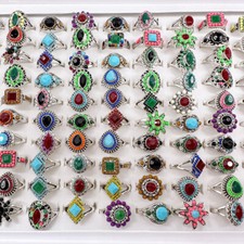 Bulk 24pcs Flower Carved Ethnic Vintage Rings Women Design Stone Antique Jewelry