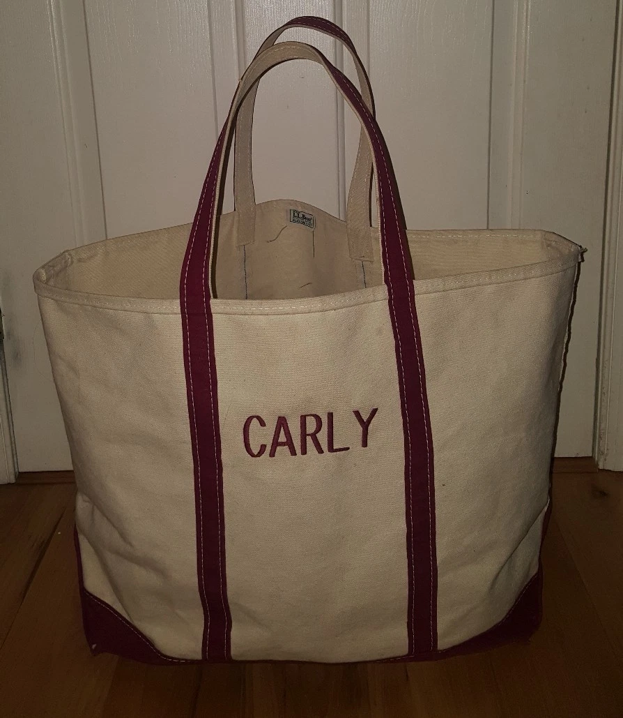Vintage LL Bean Boat and Tote Red natural Canvas Bag Large monogrammed CARLY XL