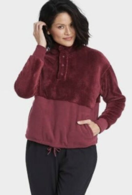 All in Motion Women's  Pullover Sweatshirt  Snap Front Cozy Sherpa Burgundy M