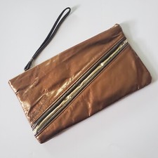 Vintage 70s 80s Bronze Metallic Leather Wristlet Clutch Purse Disco Glam Party