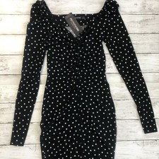 NEW! PRETTYLITTLETHING Women Black Polka Dot Print Long Sleeve Mini Dress Size 4