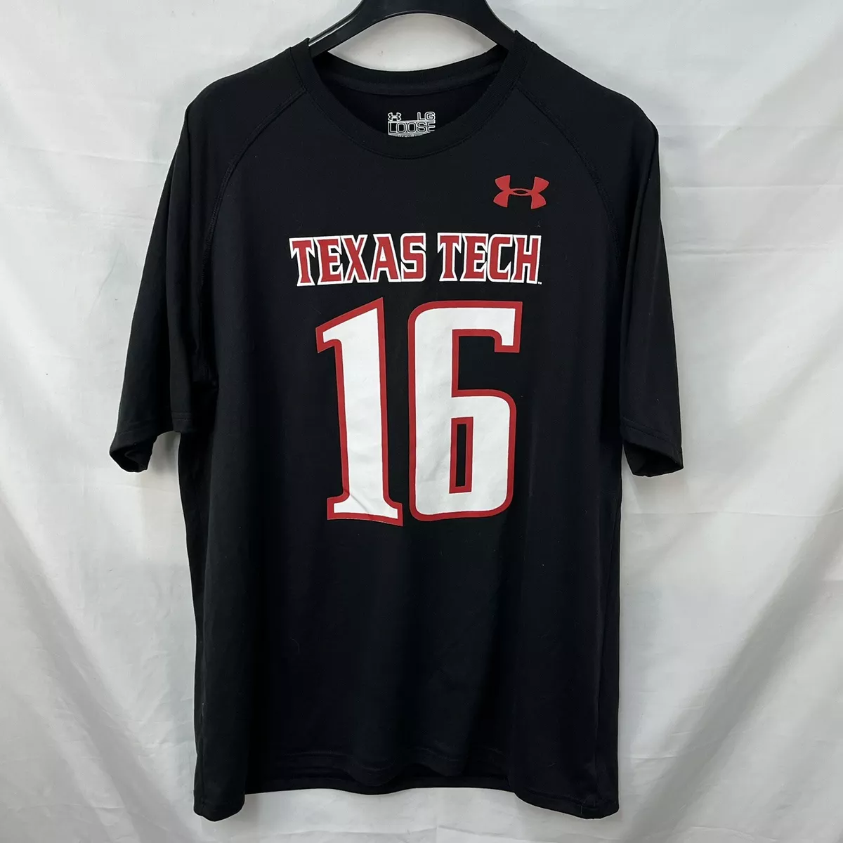 MENS UNDER ARMOUR TEXAS TECH KINGSBURY #16 HEATGEAR LOOSE T SHIRT SIZE L